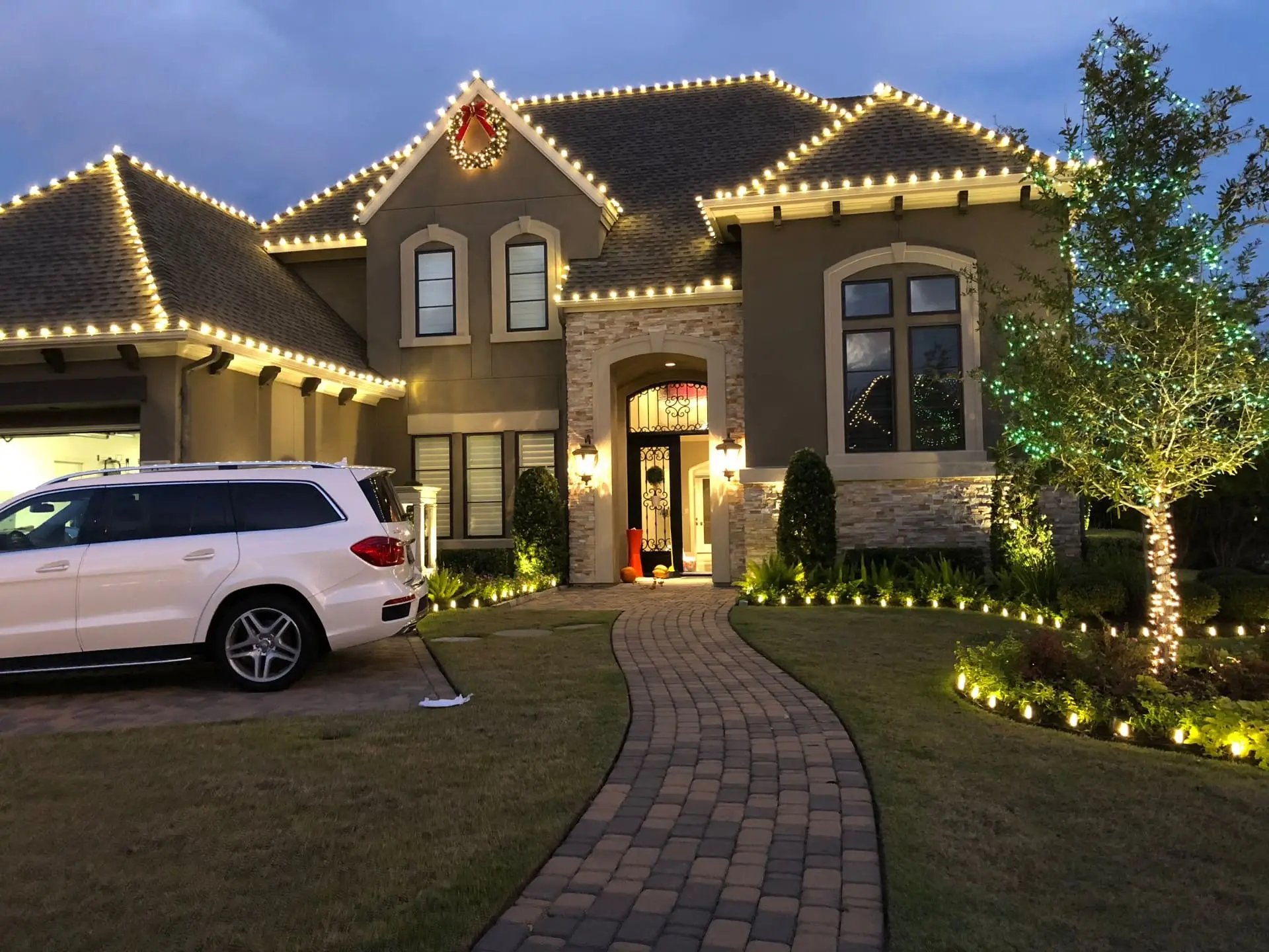 Holiday lighting at twilight